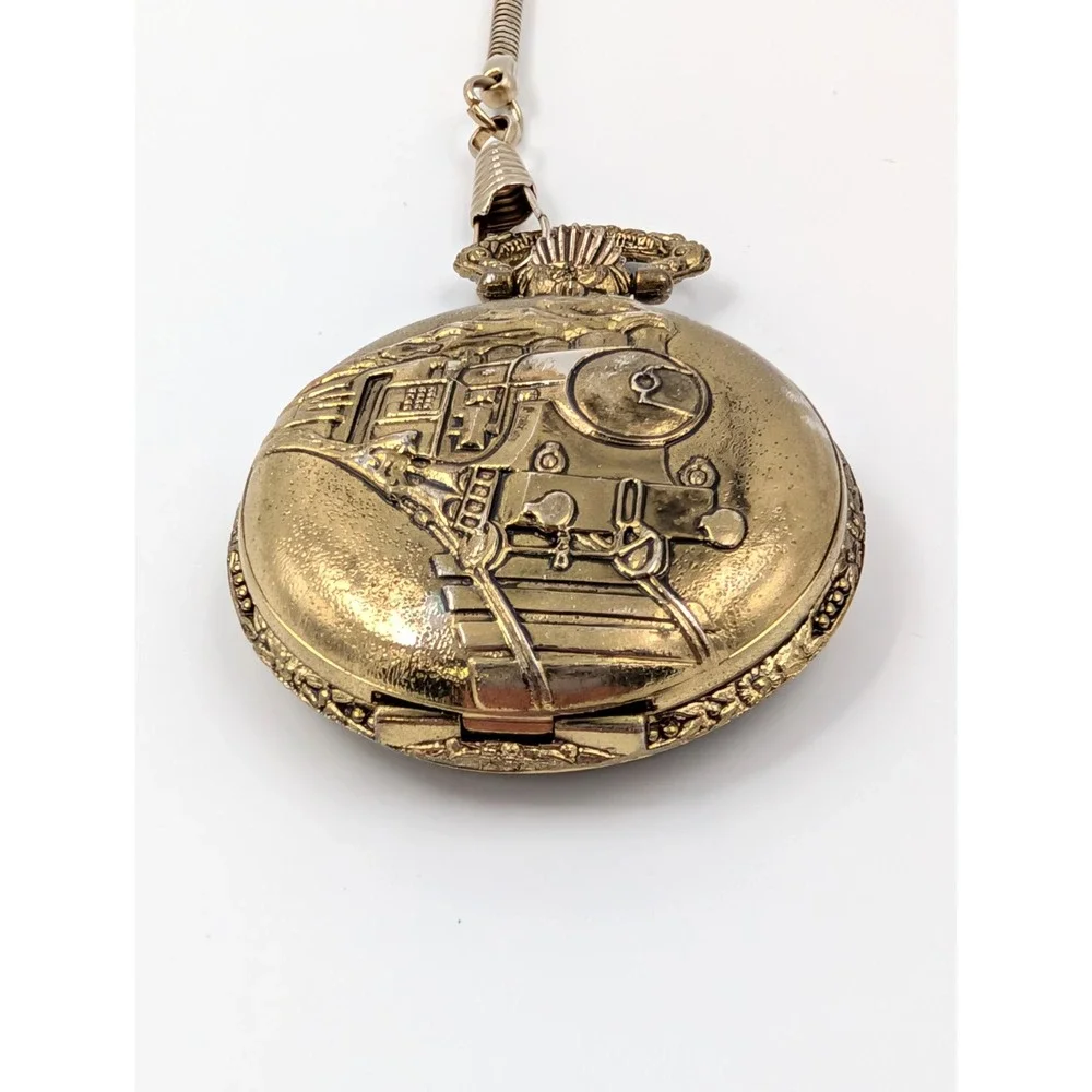 Vintage Train Pocket Watch Gold Tone Steam Engine‎ Snake Chain Steampunk